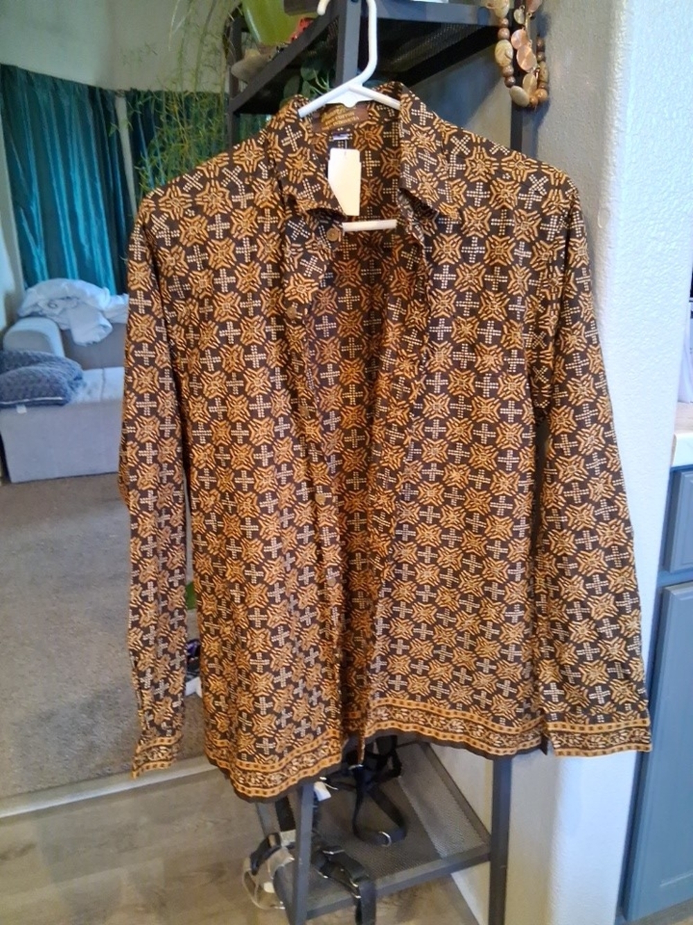 Men's Button-Down Batik Shirt in Black and Gold Danar Hadi Fine Cotton Indonesia